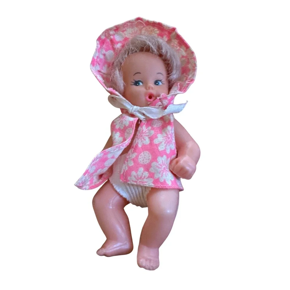 Miniature Baby Doll Plastic 1960s Pink Floral Sunbonnet White‎ Diaper 6